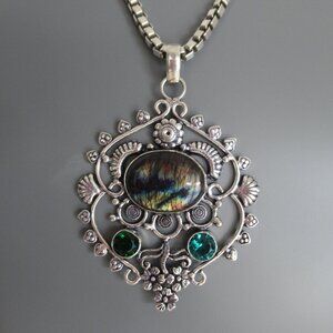 Labradorite ,Crystals & Sterling Silver X-Large Pendant for Necklace - Mystical